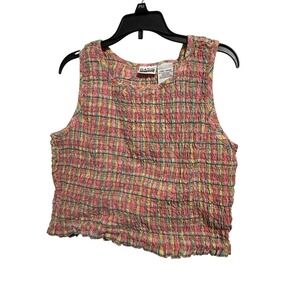 Basic Editions Tank Top Women Large Pink Plaid Smocked Sleeveless Vintage Cotton